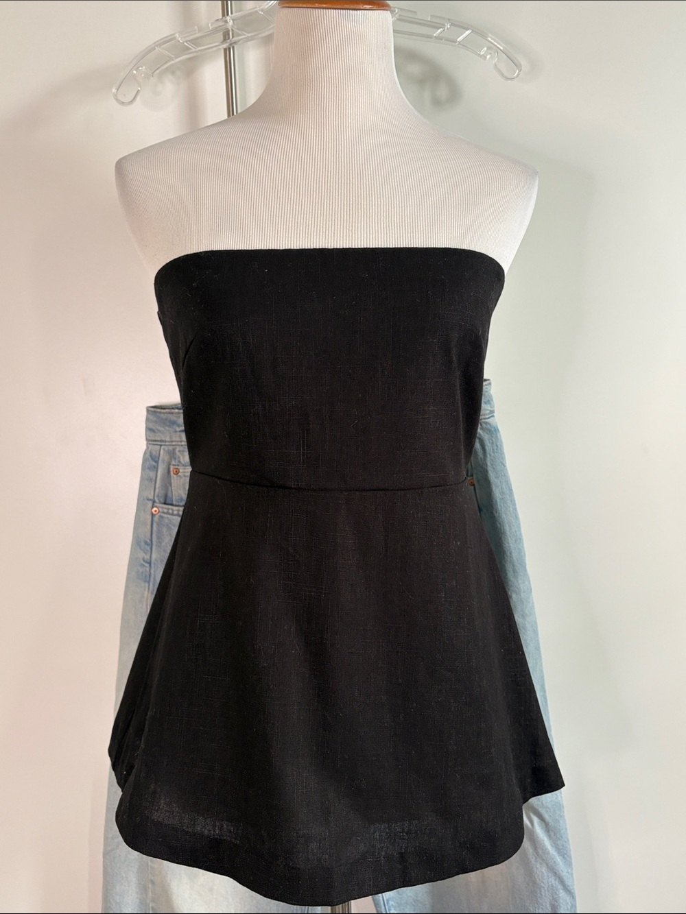 Lucy Paris Black Strapless Peplum Linen Top S